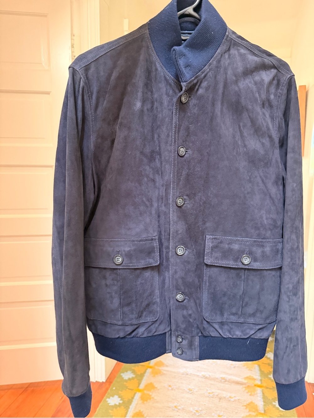 Men's Navy Suede Bomber Jacket with Button Front